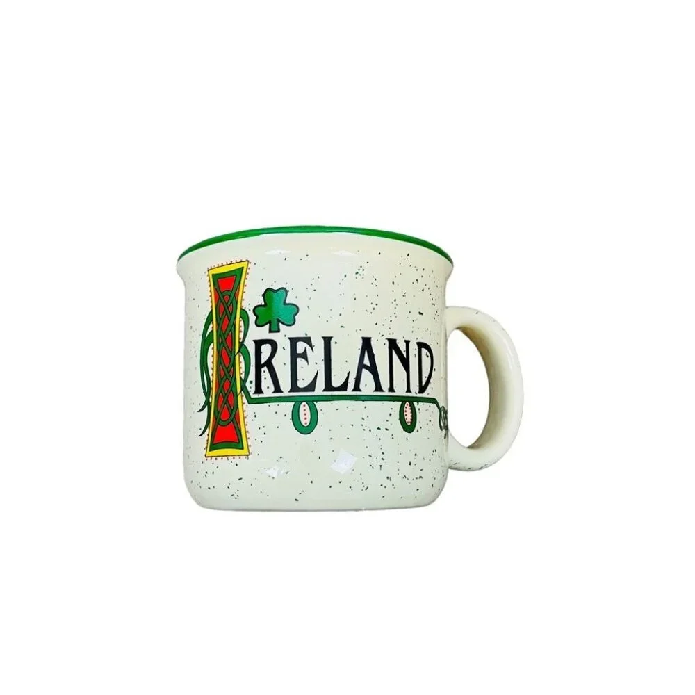 Ireland Shamrock Celtic Campfire Style Ceramic Mug Speckled Green White